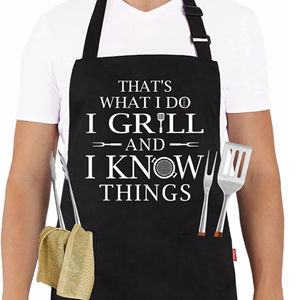 A grill apron is a protective garment designed to protect the clothing of the person wearing it while grilling