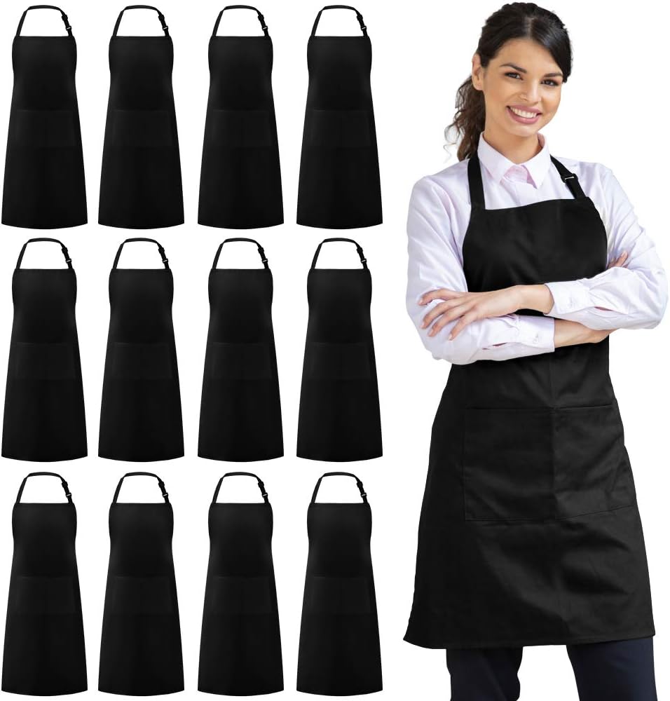 ALIPOBO 12 Pack Bib Apron, Unisex Aprons Adjustable Waterdrop Resistant with 2 Pockets Cooking Kitchen Apron for Chef