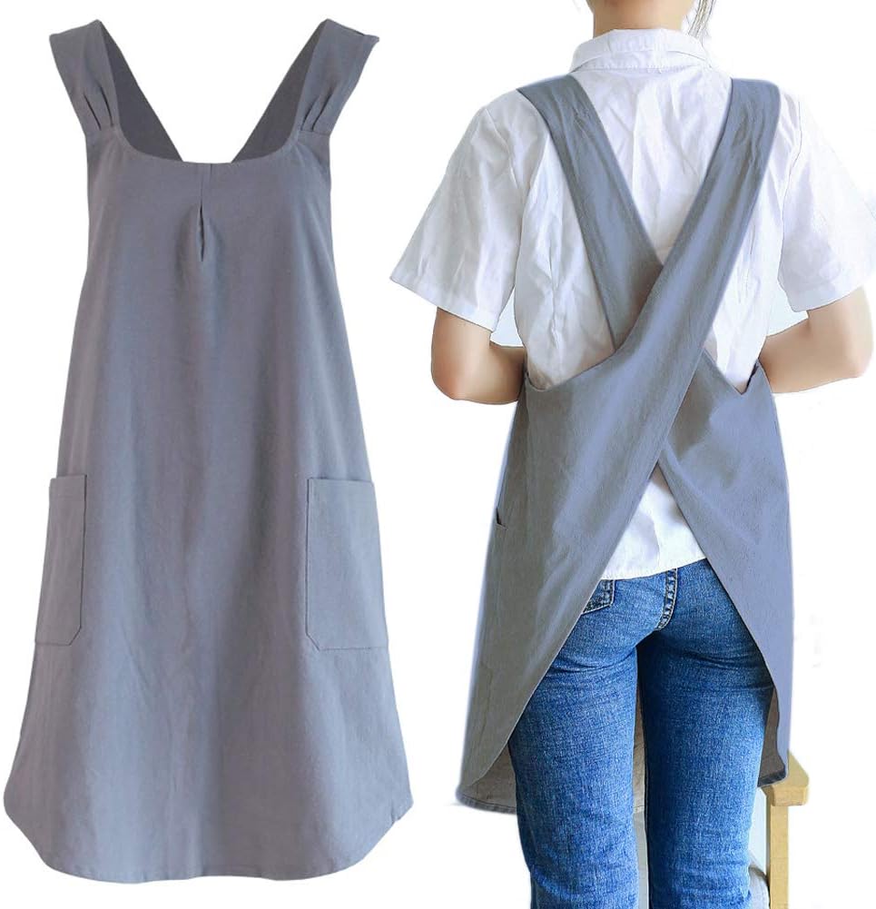 ALIPOBO Cotton Linen Apron Cross Back Work Apron for Women with Pockets