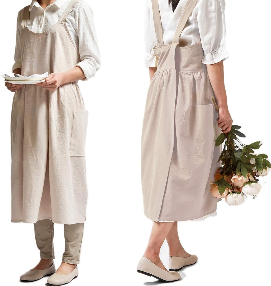 ALIPOBO Cotton Linen Cross Back Apron for Women with Pockets for Baking Painting Pink with Waist Ties 